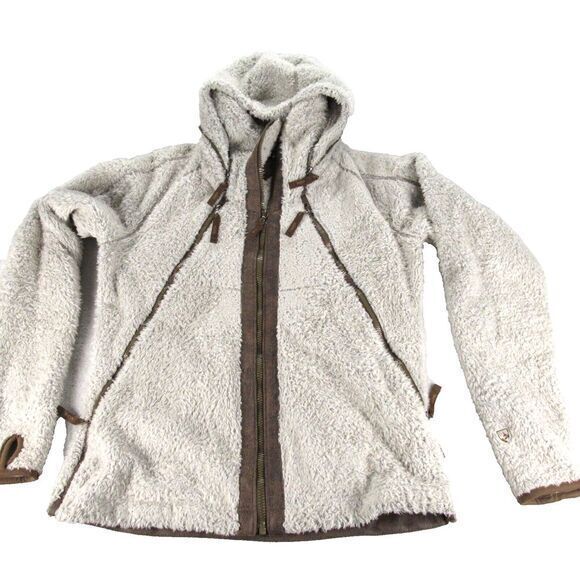 Kuhl Flight Jacket Women Medium Tan Italian Fleece Zip Pockets Stow HoodFull Zip - Picture 1 of 15
